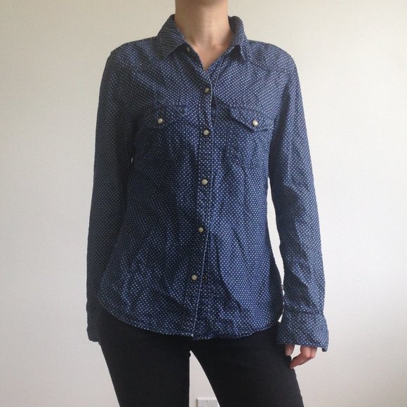 Seven7 - Polka Dot Denim Button Down Denim Shirt - Picture 1 of 8
